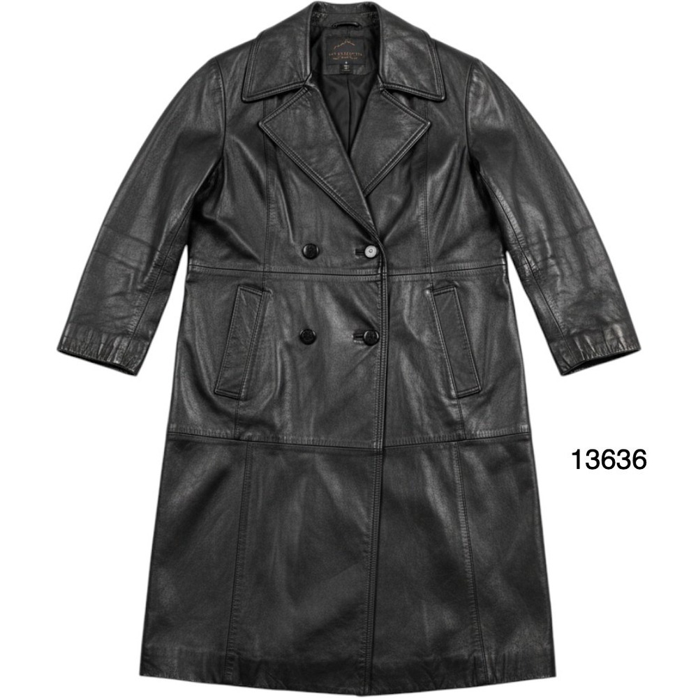 D.A.N.Y. Leather Trench Coat Women L Black Good Vintage Double Breasted Long